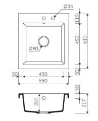 NERO 550 Tezgah Arası Granit Evye 1 Gözlü Damlalıksız