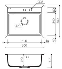 IVO 600 Granit Evye Tezgah Üstü 1 Gözlü Damlalıksız
