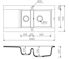 VOGA II 1000 Granit Eviye 1,5 Gözlü Damlalıklı