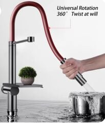 New Waterfall Şelale Tarzı Mutfak Bataryası Brushed Grey/Matte Red Pıpe