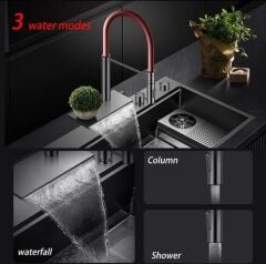 New Waterfall Şelale Tarzı Mutfak Bataryası Brushed Grey/Matte Red Pıpe C8736-U