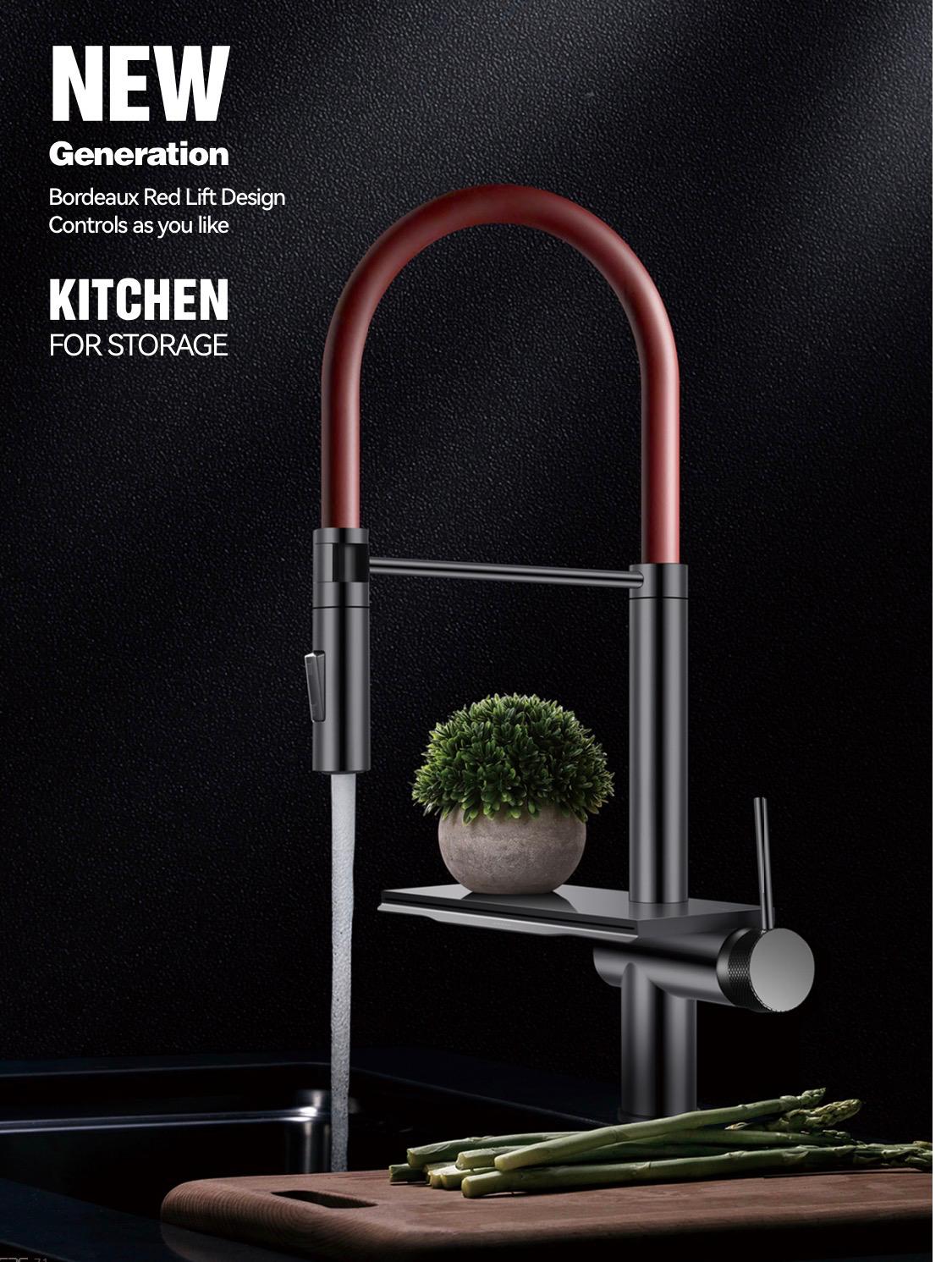 New Waterfall Şelale Tarzı Mutfak Bataryası Brushed Grey/Matte Red Pıpe