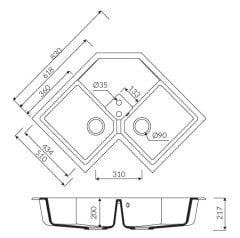DEBRA 830 Granit Köşe Evye 2 Gözlü Damlalıklı