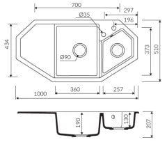 DEBRA 1000 Granit Köşe Evye 1,5 Gözlü Damlalıklı