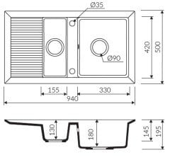 CIRE 940 Granit Evye 1,5 Gözlü Damlalıklı