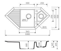 CIRE 1000 Granit Köşe Evye 1,5 Gözlü Damlalıklı