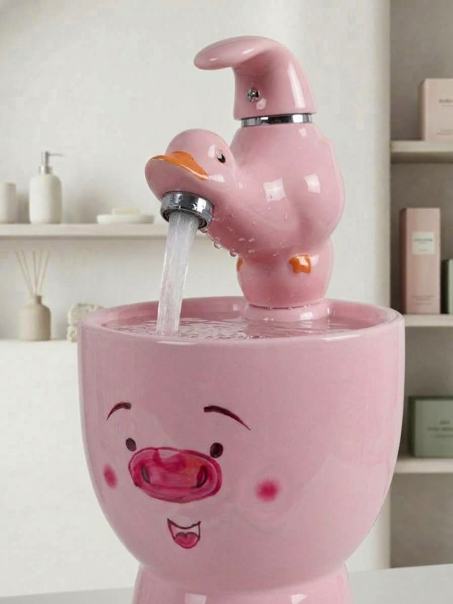 F02 Ördek Figürlü Çoçuk Lavabo Armatürü Pembe