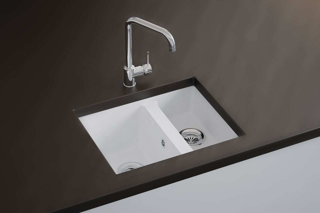 Fado 560 Tezgah Altı Granit Evye 1,5 Gözlü Damlalıksız Mermer Beyazı